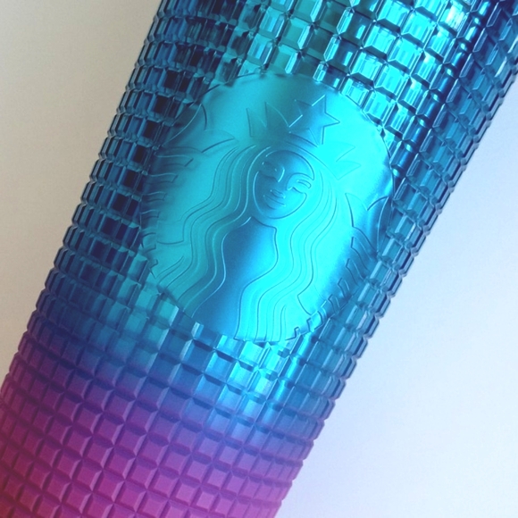 Starbucks Ombre Blue Mustard Pink Grid 24 oz Cold Cup Tumbler w Lid & Straw NWT - Picture 2 of 14